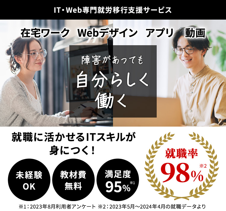 アイティーウェブ専門就労移行支援サービス。在宅ワーク、ウェブデザイン、アプリ、動画。障害があっても自分らしく働く。就職に活かせるITスキルが身につく！未経験オーケー。教材費無料。満足度95パーセント※1。就職率98パーセント※2。※1：2023年8月利用者アンケート ※2：2023年5月～2024年4月の就職データより